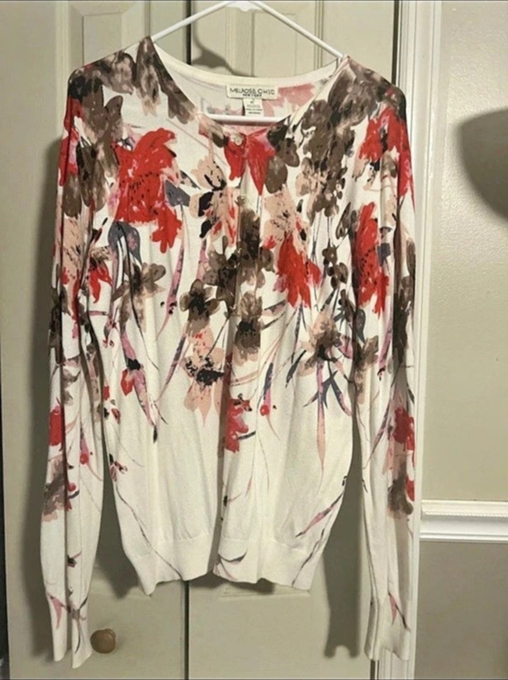 Melrose Chic Floral Long Sleeve Top in White & Red Size XL Like New
